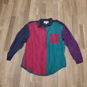 1990's Retro Color Block Who's There Silk Shirt Size Large.